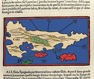 Näkymä Kuuban saarelle. Isolario (saarten kartta), kirjoittanut Benedetto Bordone. Venetsia 1547 tekijältä Italian School