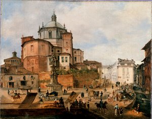 Näkymä Vetra-aukiolle ja San Lorenzo Anonymousin basilikan apsidille. 1800-luvun loppu. Milano, Milanon museo tekijältä Italian School