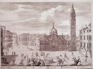 Näkymä Santa Maria Formosa Venetsian kirkon aukiolle. Kaiverrus "Teatro di Veneziasta" 1700-luvun Venetsia, Museo Correr tekijältä Italian School