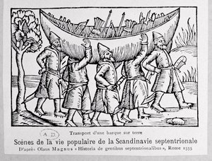 Viikingit kuljettamassa venettä Venäjälle, kuvitus Olaus Magnuksen (1490-1558) teoksesta Northern Nations History, julkaistu Roomassa, 1555 tekijältä Italian School
