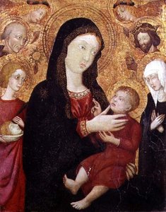Neitsyt ja lapsi S. Bernadinon, Sigismundin, Claren ja Crescentiuksen kanssa, 1400-luvun 2. puolisko (tempera taulussa) tekijältä Italian School