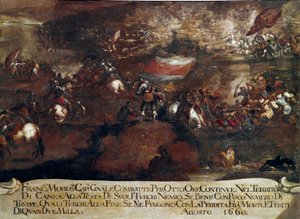 Candian sota (Kreeta): "" Francesco Morosinin (1619-1694) johtama Hanian taistelu elokuussa 1660" (Kreetan sota (1645-69): Francesco Morosinin johtama Canean hyökkäys elokuussa 1660) Maalaus Venetsialainen koulu tekijältä Italian School
