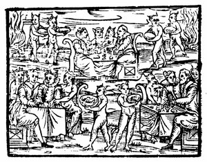 Noidat ja velhot juhlimassa sapattina, kuvitus Francesco Maria Guazzon Compendium Maleficarumista, 1608 tekijältä Italian School