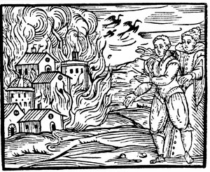 Noidat tuhosivat taloa tulipalossa, Swabia vuonna 1533, kuvitus Francesco Maria Guazzon Compendium Maleficarumista, 1608 tekijältä Italian School