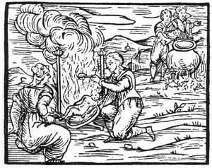 Noidat paistavat ja keittävät vauvoja, kopio Fr M Guacciuksen, Milano 1608, Compendium Maleficarum -kuvasta, käytetty History of Magicissa, julkaistu 1800-luvun lopulla tekijältä Italian School