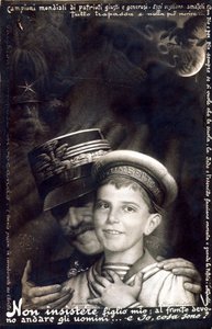 Ensimmäinen maailmansota: sotilaallinen tunkeutuminen Italian armeijaan: Emmanuel III pitelee prinssi Umbertoa (painettu kortti). tekijältä Italian School