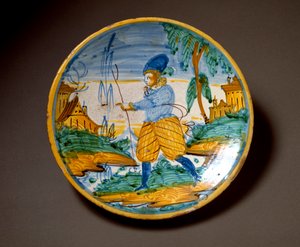 Aateliston nuori mies. Keraaminen levy valmistettu Viterbossa, Italiassa. 1500-luvun loppu Firenze, Museo Nazionale del Bargello tekijältä Italian School