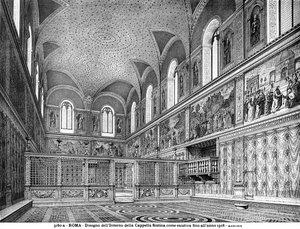 Piirustus Sikstuksen kappelin sisätiloista ennen kunnostusta vuonna 1508 tekijältä Italian School Italian School