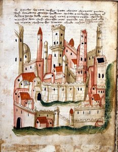 Näkymä Jerusalemin kaupunkiin, Niccolo da Poggibonsin Libro dOltramaresta (kynä & muste ja tempera perunakalvolla)