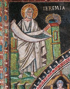 Profeetta Jeremia, mosaiikki, lunettesta vasemmalla, pastorin pohjoinen seinä, San Vitalen basilika (UNESCOn maailmanperintöluettelo) tekijältä Italian School