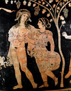 Yksityiskohta maljakosta Ruvosta Pugliassa (Puglia) kuvaa paria nuorta avioparia. He pitävät kädessään kuppia viiniä. 4. vuosisadalla eaa. Museo Archeologico Nazionale Napoli tekijältä Italic
