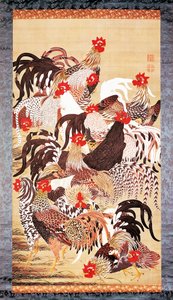 Kolmetoista kukkoa, teoksesta Doshoku Sai-e (Elävien olentojen värikäs valtakunta) Edo-kausi. n.1757-66 (väri silkille). tekijältä Ito Jakuchu