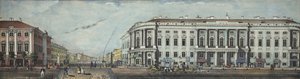Poliisi silta Stroganovin palatsin kanssa. Panoraama Nevski Prospektilta, 1830