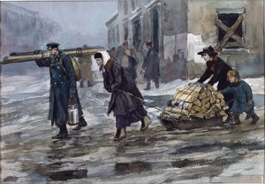 Vladimirovin Ivan Aleksejevitšin (1869-1947) polttoainetta raahaavan insinöörin perhe. Akvarelli, guassi paperille tekijältä Ivan Alexeyevich Vladimirov