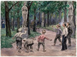 Urheilukilpailu keisarillisessa puutarhassa Pietarissa (lapset heittävät kiviä alaston naisen patsasta kohti) - Urheilukilpailu Imperial Gardensissa: Pietari, heinäkuu 1921 (Venäjän vallankumouksen vesivärisarjasta) - Vladim