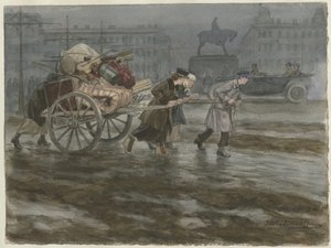 Perhe siirtää tavaraansa kärryissä Venäjän vallankumous 1917-1918 vesivärisarjasta tekijältä Ivan Alexeyevich Vladimirov