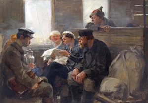 Bolshevikkien ryhmä junassa: Vladimirov, Ivan Aleksejevitš (1869-1947). Öljy puulle tekijältä Ivan Alexeyevich Vladimirov