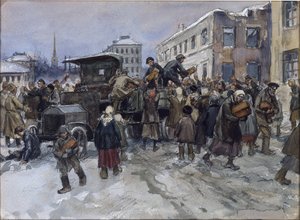 Nälkäiset työmiehet Petrogradissa ryöstävät leipää sotilasautosta. Vladimirov, Ivan Aleksejevitš (1869-1947). Akvarelli, guassi paperille