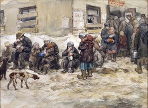 Nälkäiset vuodet Petrogradissa. Vladimirov, Ivan Aleksejevitš (1869-1947) "Yhteinen ruokasali." Akvarelli, guassi paperille. Yksityinen kokoelma tekijältä Ivan Alexeyevich Vladimirov
