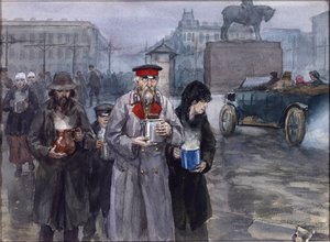 Nälkäiset vuodet Petrogradissa. Vladimirovin Ivan Aleksejevitšin (1869-1947) paluu yhteisestä keittokeittiöstä. Akvarelli, guassi paperille tekijältä Ivan Alexeyevich Vladimirov