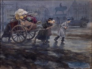 Vladimirovin Ivan Aleksejevitšin (1869-1947) varakkaan talon jäänteet. Akvarelli, guassi paperille