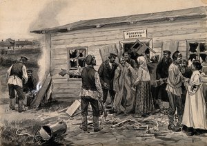 Kohtaus kolerakasarmissa akvarellisarjasta Venäjän vallankumous, n. 1920 tekijältä Ivan Alexeyevich Vladimirov
