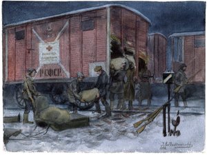 Soldats pillant un wagon de chemin de fer - Sotilaat ryöstävät junavaunua (Venäjän vallankumouksen vesivärisarjasta) - Vladimirov, Ivan Aleksejevitš (1869-1947) - 1922 - Vesiväri paperille - 25,8x34,1 - Yksityiskokoelma tekijältä Ivan Alexeyevich Vladimirov