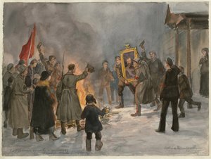 Sotilaat polttavat maalauksia (Venäjän vallankumouksen vesivärisarjasta) - Oeuvre de Ivan Aleksejevitš Vladimirov (1869-1947) - 1917 - Akvarelli paperille - 25,7x34,5 - Yksityiskokoelma