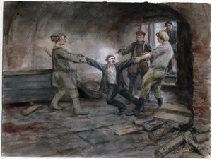 Un detenu emmene pour etre execute - Miestä pidetään ja teloitetaan (Venäjän vallankumouksen vesivärisarjasta) - Vladimirov, Ivan Aleksejevitš (1869-1947) - 1919 - Vesiväri paperille - 25,7x34,5 - Yksityiskokoelma tekijältä Ivan Alexeyevich Vladimirov