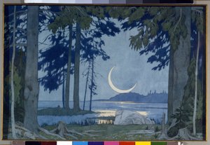 Kuunvalo Ilmenjärven yllä. Lavastus Nikolai (Nikolai) Rimski Korsakovin (Rimski-Korsakov) (1844-1908) oopperaan Sadko (Yö Ilmen-järvellä. Lavastus N. Rimski-Korsakovin (Rimski Korsakovin) oopperaan Sadko. Ivan Jakolevitšin teos Bilibi tekijältä Ivan Yakovlevich Bilibin