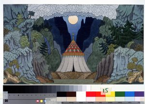 Valmisteleva piirustus Nikolai (Nikolai) Rimski Korsakovin (Rimski-Korsakovin) (1844-1908) oopperan ""kultainen kukko"" lavastukseen (N. Rimski-Korsakovin (Rimski Korsakovin) Kultainen kukko -oopperan lavastus Piirustus Ivan Yakolevich Bilibinistä (Billy tekijältä Ivan Yakovlevich Bilibin