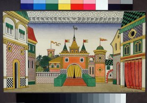 Valmisteleva piirustus Nikolai (Nikolai) Rimski Korsakovin (Rimski-Korsakovin) (1844-1908) oopperan Kultainen kukko lavastukseen Ivan Yakolevich Bilibinin maalaus (Bilibi) tekijältä Ivan Yakovlevich Bilibin