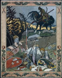 Kuvitus satulle Maria des mers (Kuvitus satulle Marya Morevna). Prinssi Ivan löytää armeijan, jonka soturikuningatar Maria Morevna voitti. Ivan Yakovlevich Bilibin (Bilibin) (1876-1942) työ, akvarelli ja tussi paperille tekijältä Ivan Yakovlevich Bilibin