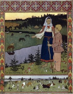 Kuvitus perinteiselle tarinalle Alyonouchka ja Ivanouchka. Ivan Yakovlevich Bilibin (Bilibin) (1876-1942) teos, litografia tekijältä Ivan Yakovlevich Bilibin