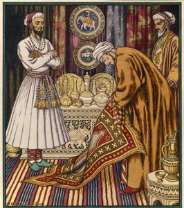 Prinssi Ali ostaa taikamaton. Kuvitus arabialaiselle tarinalle. (Prinssi Ali ostaa maton). Ivan Yakolevich Bilibin (Bilibin) (1876-1942) maalaus. Akvarelli paperille. Pietari, Venäjän valtionmuseo. tekijältä Ivan Yakovlevich Bilibin