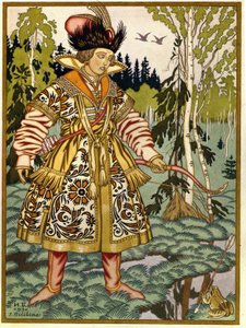aPrinssi Ivan ja sammakkoprinsessa. (Ivan Tsarevitš ja sammakkoprinsessa). Venäläinen perinteinen tarina. Ivan Yakovlevich Bilibin (Bilibin) (1876-1942) työ, akvarelli ja guassi paperille tekijältä Ivan Yakovlevich Bilibin