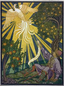 Prinssi nappaa tulilinnusta höyhenen. Kuvitus tarinalle ""Ivan Tsarevitš, tulilintu ja harmaa susi"". Ivan Yakovlevich Bilibin (Bilibin) (1876-1942) työ, akvarelli ja guassi paperille. Venäläinen taide, 1900-luku, symboliikka. tekijältä Ivan Yakovlevich Bilibin