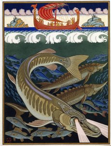 Meren valtakunta (Sea Empire). Venäläinen perinteinen tarina. Ivan Yakovlevich Bilibin (Bilibin) (1876-1942) työ, akvarelli ja guassi paperille tekijältä Ivan Yakovlevich Bilibin