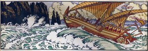 Merimies Sinbad. Kuvitus arabialaiselle perinteiselle tarinalle Tuhat ja yksi yö. Ivan Yakovlevich Bilibin (Bilibin) (1876-1942) työ, akvarelli paperille tekijältä Ivan Yakovlevich Bilibin