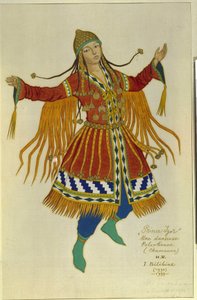 Polovtsilainen (tai couman, kumani) shamaanitanssija. Puku Alexandre Borodinin (Borodin) (1833-1887) oopperaan "Prince Igor"". Ivan Yakovlevich Bilibin (Bilibin) (1876-1942) työ, akvarelli paperille tekijältä Ivan Yakovlevich Bilibin