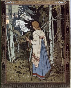 Vassilissa kaunein ja valkoinen ratsumies. (Vasilisa kaunis ja valkoinen ratsumies). (Perinteinen venäläinen tarina). Ivan Yakovlevich Bilibin (Bilibin) (1876-1942) teos, litografia
