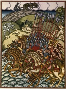 Volga Svjatoslavitš (Vseslav de Polotsk (versiot 1039-1101), Kiovan suurprinssi 1068–1069) ja Mikula Seljaninovitš (?). Ivan Yakovlevich Bilibin (Bilibine) (1876-1942) teos, litografia tekijältä Ivan Yakovlevich Bilibin