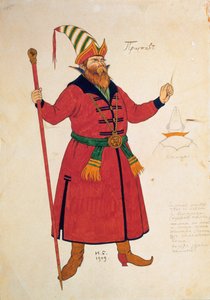 Pukusuunnittelu Rimski-Korsakovin Kultaiselle kukkolle, 1909 tekijältä Ivan Yakovlevich Bilibin