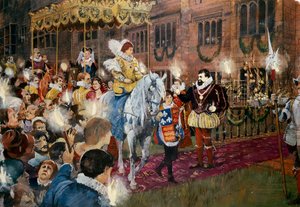 Robert Dudley toivottaa kuningatar Elisabet I:n tervetulleeksi Kenilworthin linnaan Warwickshiressä heinäkuussa 1575 c2000-luvulla