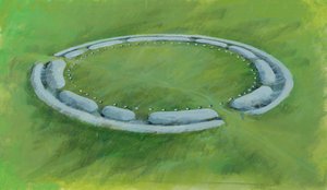 Stonehenge: ensimmäinen vaihe, johon kuuluu oja, penkereet ja Aubreyn reikiä ympäröivä penkere ja vastapenkereet. tekijältä Ivan Lapper