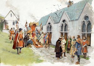 Jaarli Rikhardin Tintagelin linnan saaren sisäpiha 1200-luvulla (vesiväri paperille). tekijältä Ivan Lapper
