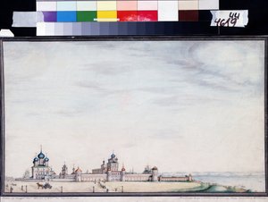 Näkymä Rostoviin, Kremliin. (Näkymä Rostovin Kremliin). Ivan Mikhaylovich Belogonov (1800-1871) maalaus. Akvarelli ja muste paperille tekijältä Ivan Mikhaylovich Belogonov