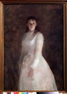 Nuoren naisen muotokuva (nuoren naisen muotokuva). (pukeutunut pitkään valkoiseen mekkoon). Ivan Nikolajevitš Kramskoin (1837-1887) maalaus öljy kankaalle. venäläistä taidetta tekijältä Ivan Nikolaevich Kramskoy