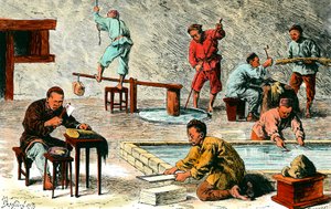 Paperinvalmistus Kiinassa: paperiarkkien tuotannon eri vaiheet kuoresta. Piirustus: Ivan Pranishnikoff (1841-1909). 1800-luvun yksityinen kokoelma tekijältä Ivan Pranishnikoff