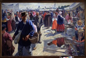 Messut (A Fair). Markkinapaikka venäläisessä provinssikaupungissa, perinteisessä tunnelmassa, talonpoikien ja myyjien kanssa. Ivan Semjonovitš Kulikov (Koulikov) (1875-1941) maalaus öljy kankaalle